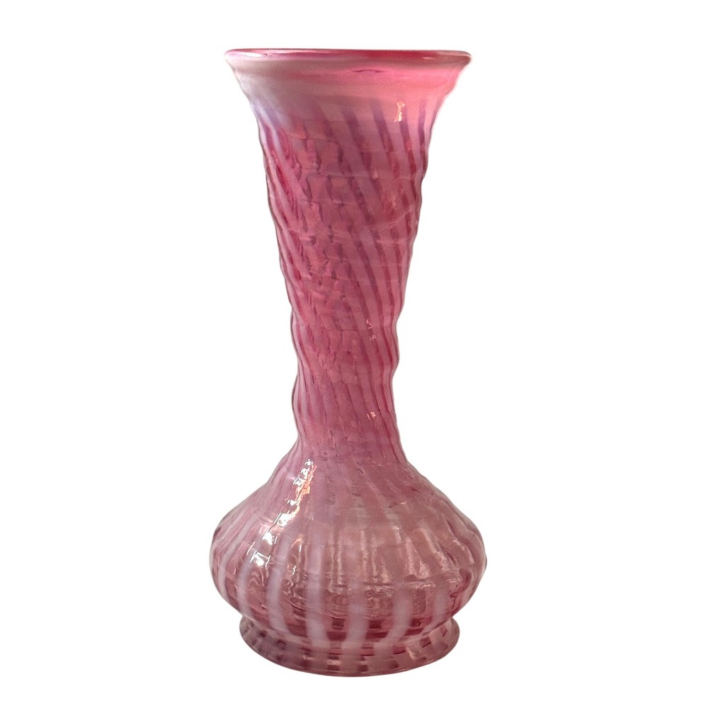 Fenton Art Glass Cranberry Opalescent Spiral Optic Tall Vase Pink Vintage 8"